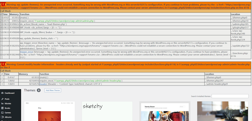 WordPress local debug warning