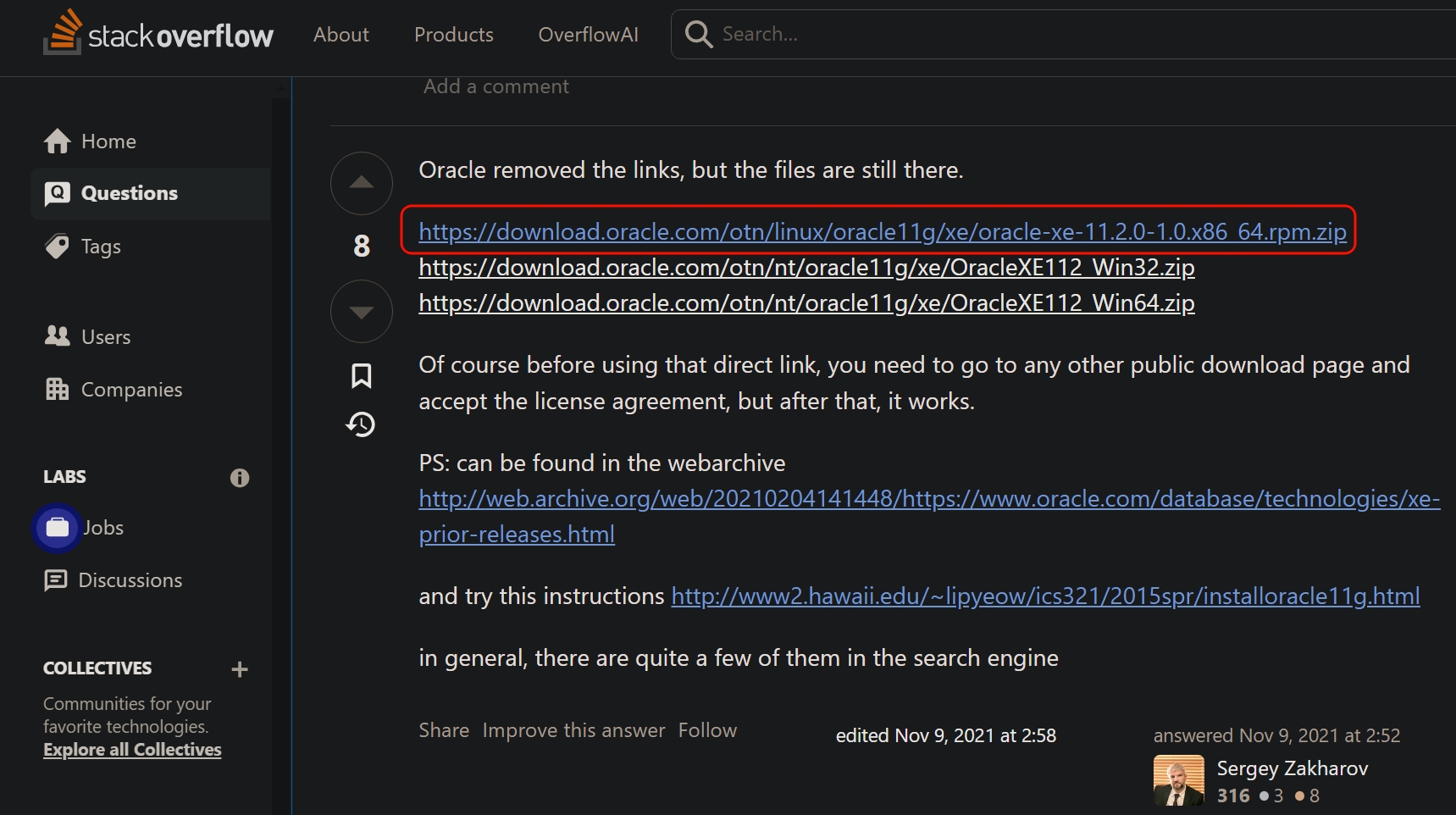 Oracle 11g R2 XE package link found online